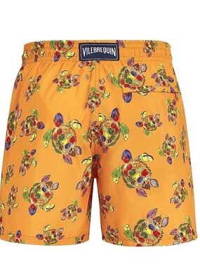 Vilebrequin Orange Swim Trunks with Multicolor Turtle Print